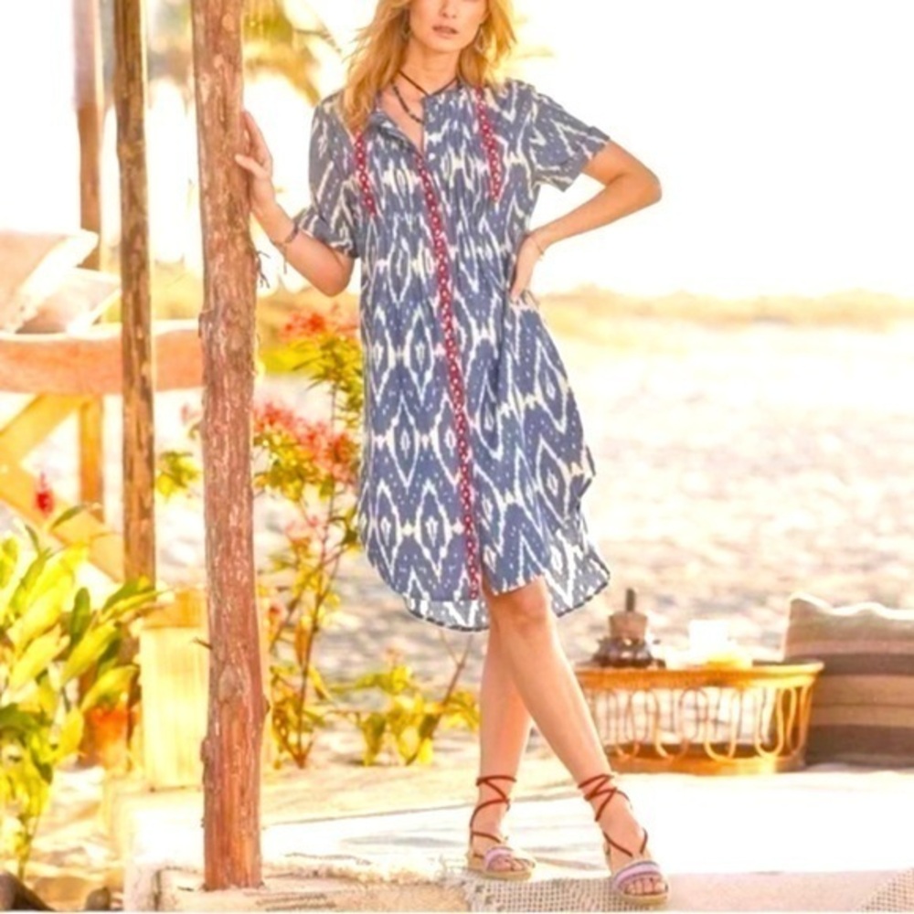New Sundance Isabel Ikat Bohemian Style Blue/White/Red Dress Women’s Size Small